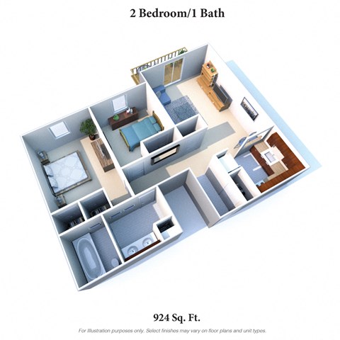 Floor plan for 2 beds, 1 bath, 924 sqft